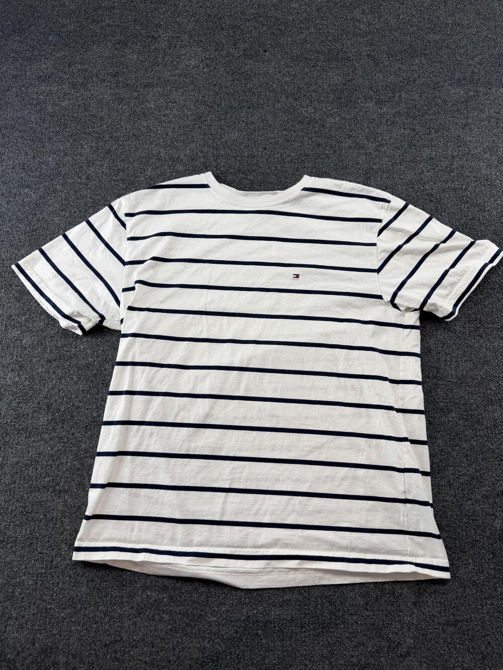 Tommy Hilfiger Shirt Mens XL White Navy Striped Logo Cotton Tee Crewneck